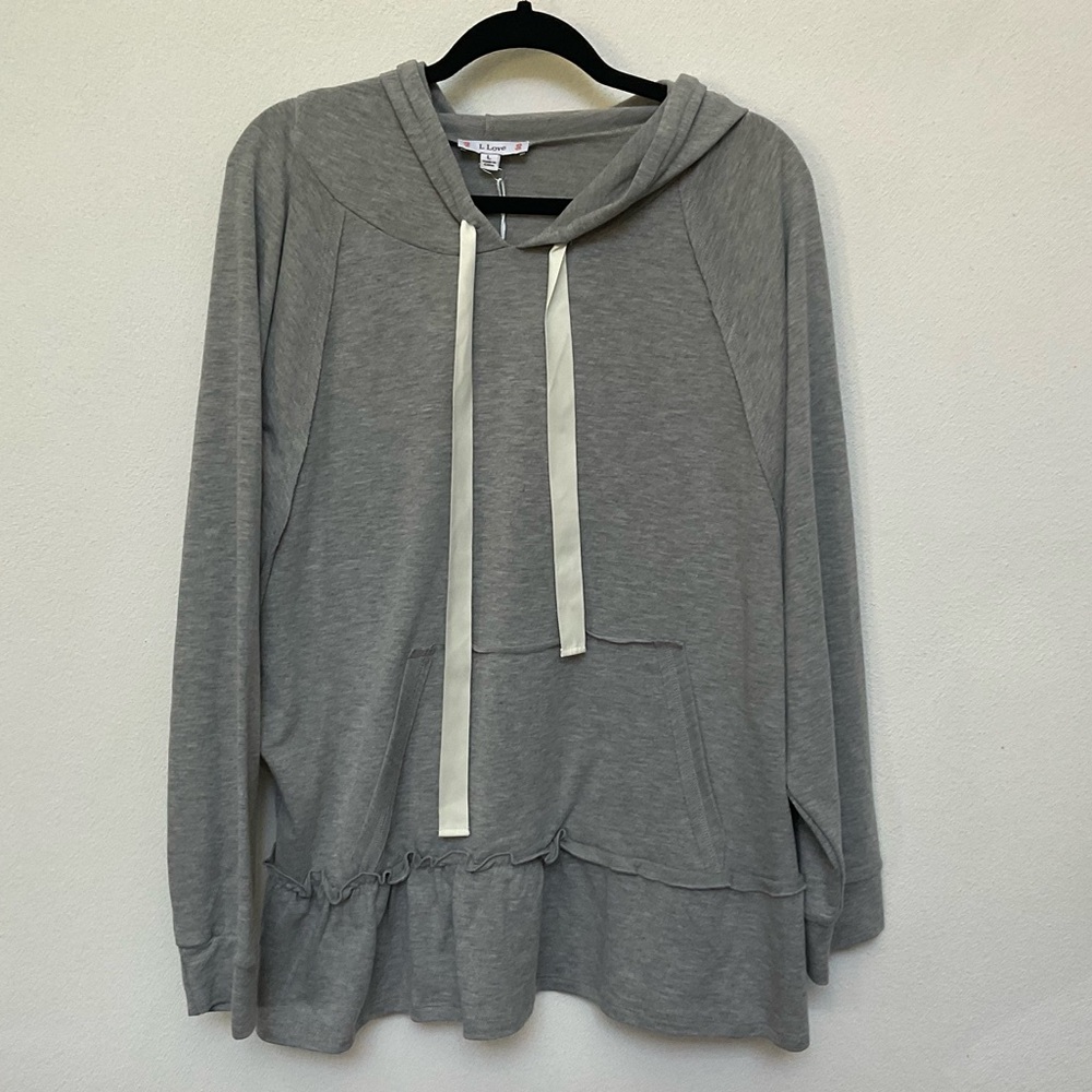NWT L Love Light Grey Long Sleeve Hooded Top With Ribbon Drawstring Size Large